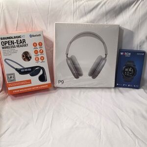 BUNDLE (Grey P9 Wireless Headphones + SoundLogic OpenEar + Black Smart Watch)